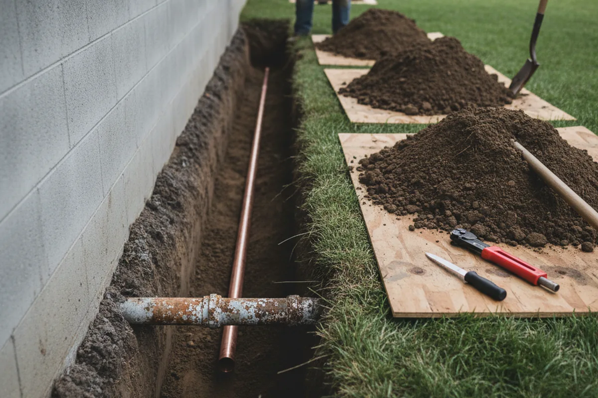 Excavated water line trench during Water Heater Repair in Newkirk